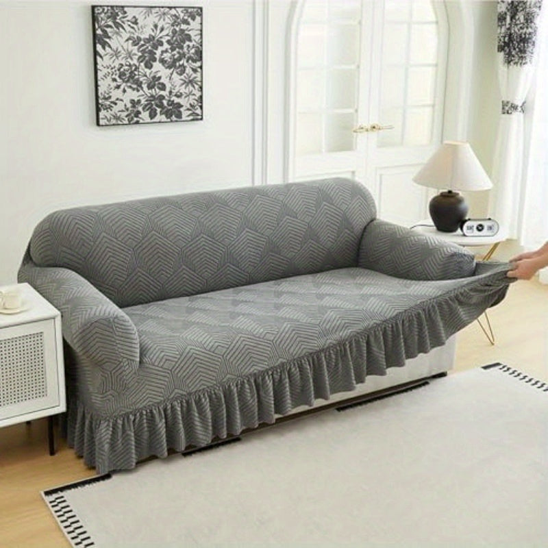 Jacquard Fleece Sofa Slipcover Ruffle Skirt High Stretch Full Coverage Non-Slip Machine Washable Pet-Friendly Couch Cover Single 2 4 Seater Living Room Bedroom Office Grey