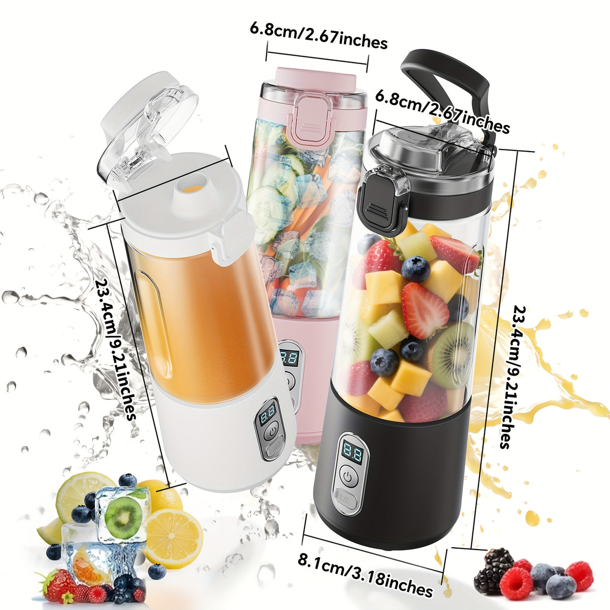 Portable Blender USB-C Rechargeable 6-Blade Stainless Steel – Ice Crush Smoothie Maker with Digital Timer, Battery Display & No-Spill Lid for Gym, Travel & Protein Shakes, Pink or White