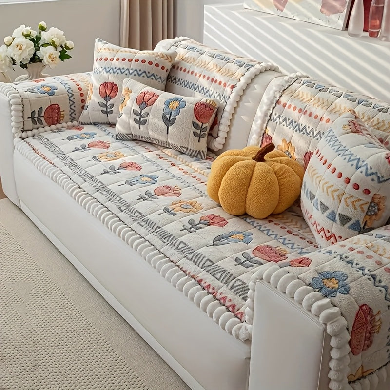 Milk Velvet Bohemian Floral Sofa Cover – Cozy Shu Velveteen Machine Washable Slipcover for 2 to 4 Seater Sofas Boho Artistic Living Room Decor