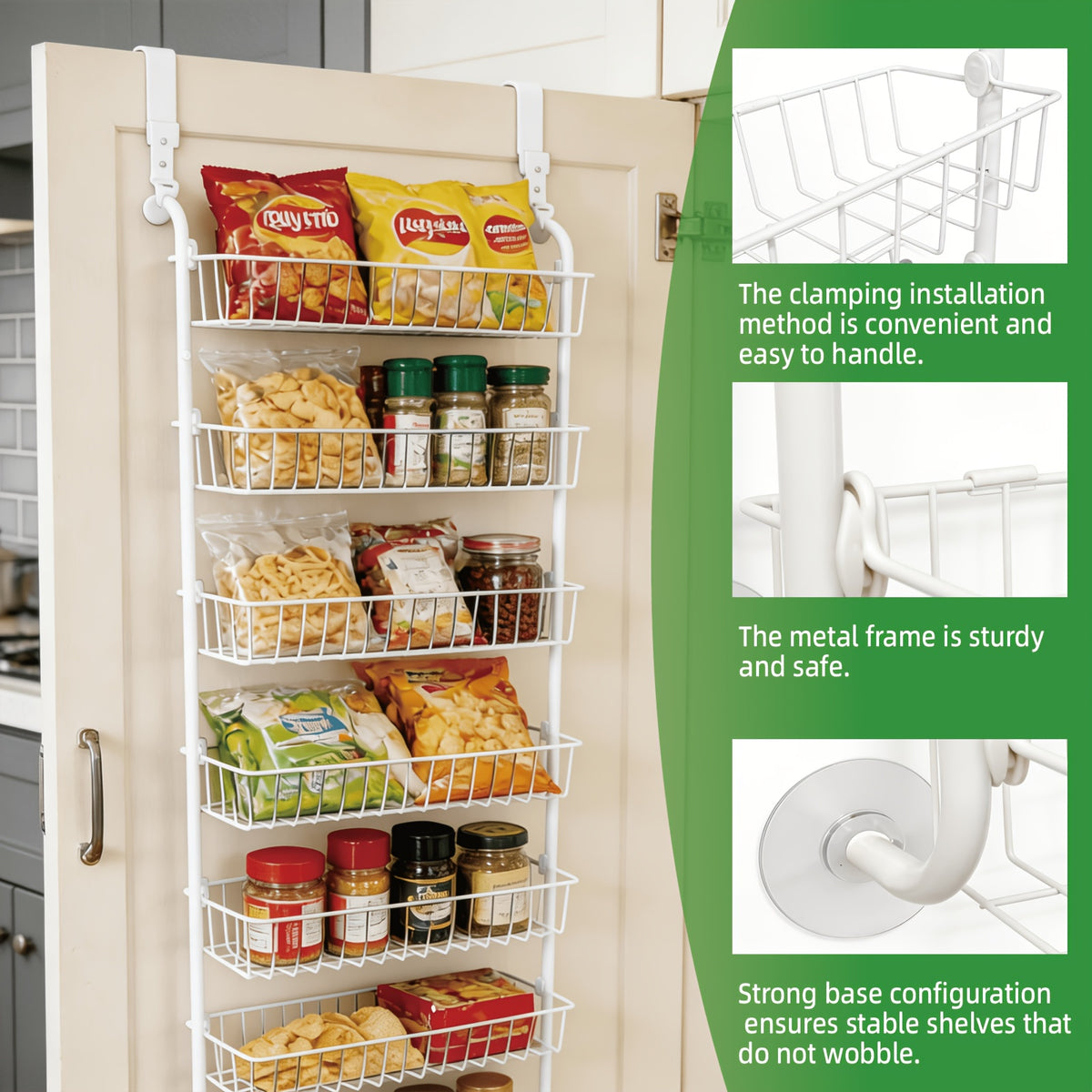 Door-Mounted Metal Storage Rack 6 or 8-Tier, Multi-Room Door-Hanging Organizer Shelf for Kitchen, Living Room, Bedroom, Laundry Room & Bathroom – Black or White