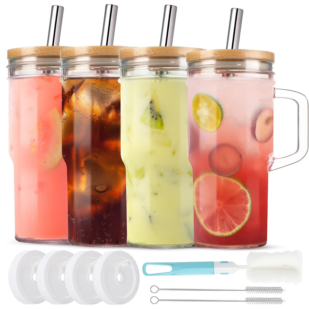 Glass Cup with Lid and Straw 24oz Large Handle Tumbler for Iced Tea Coffee – Set of 2 or 4 with Cleaning Brushes Holiday Gift