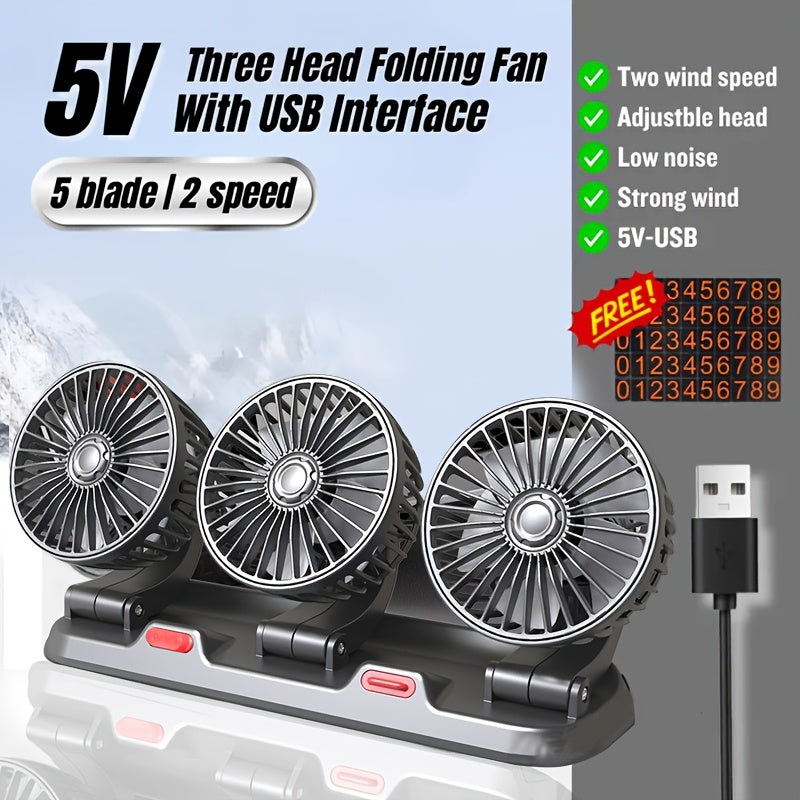 Three-Head USB Desk Fan – 360° Rotating, Digital Display, 3 Speed Quiet Fan | Plug & Play for Car, Office, Home & Outdoor | Black