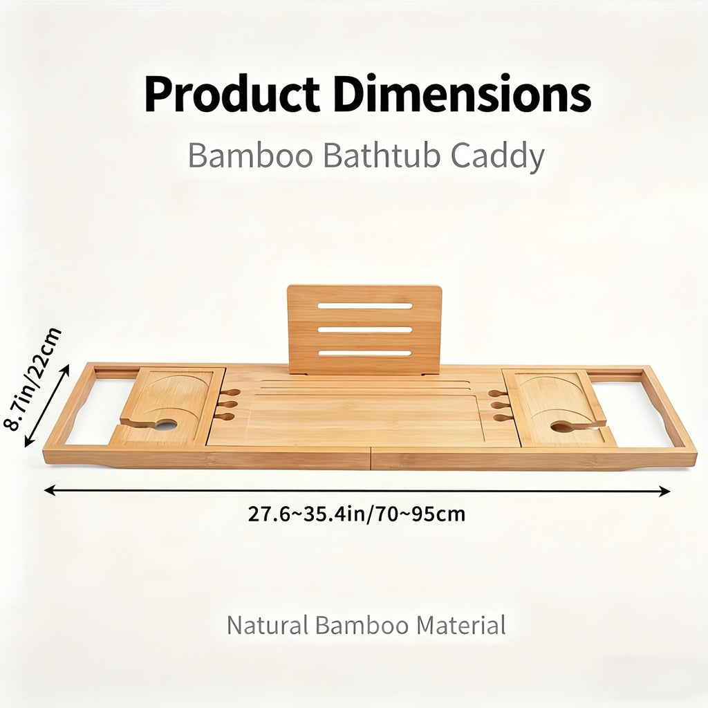 Bamboo Bathtub Caddy Tray Adjustable 27.6–35.4 Inch with Multi-Slot Organizer & Device Holder, Retractable Bath Shelf for Phone, Tablet, Book, Wine & Toiletries — Spa Bath Accessory, Wood Color