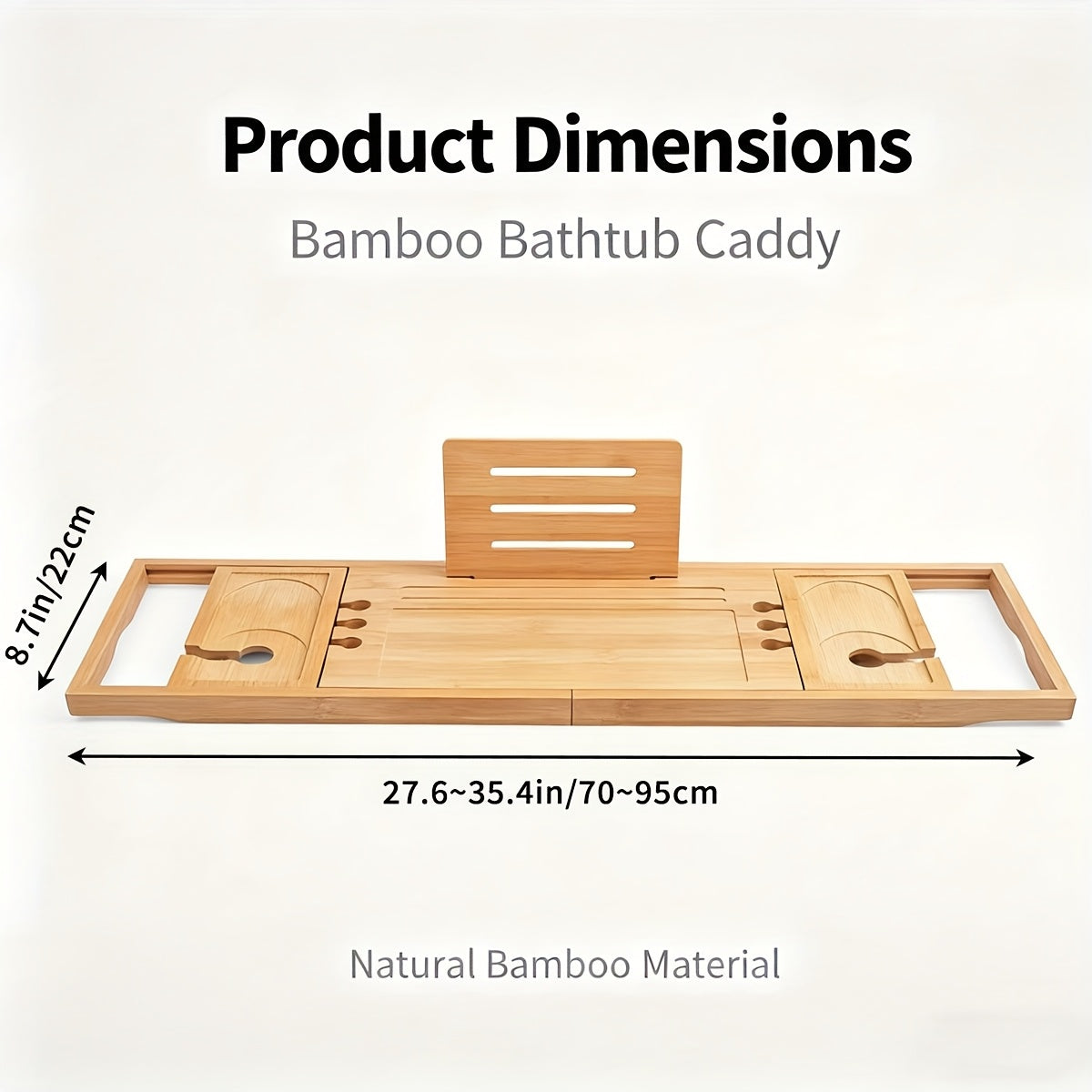 Bamboo Bathtub Caddy Tray Adjustable 27.6–35.4 Inch with Multi-Slot Organizer & Device Holder, Retractable Bath Shelf for Phone, Tablet, Book, Wine & Toiletries — Spa Bath Accessory, Wood Color