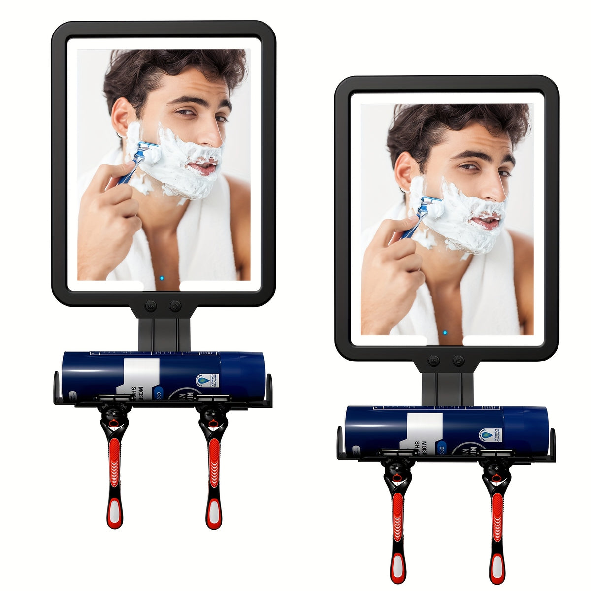 Heated Fog-Free Shower Mirror with LED Light 9.5x7 Inch | Detachable Fogless Bath Mirror with Shaving Foam Base, 2 Razor Holders & 3-Color Adjustable Brightness