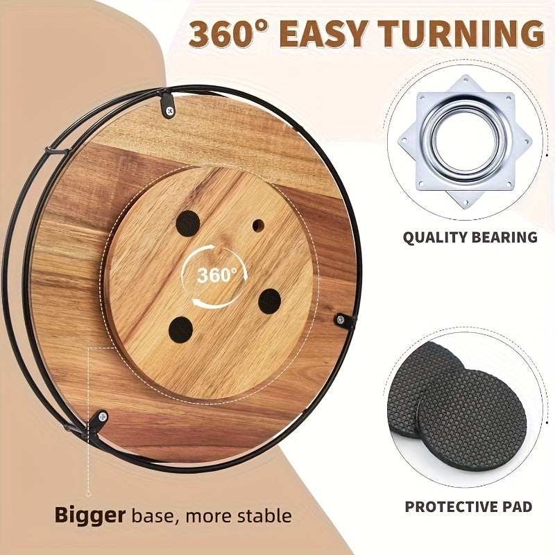Lazy Susan Turntable 9 Inch Set of 2 - Rustic Brown Wood with Steel Frame, 360° Rotating Organizer for Kitchen Countertop, Cabinet, Dining Table Centerpiece, Spice Rack & Pantry Storage