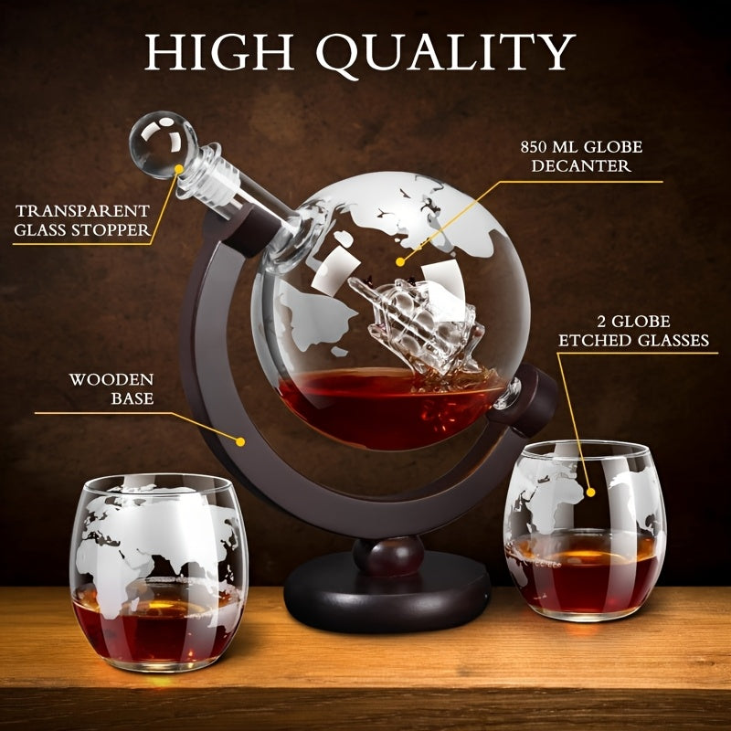 Whiskey Decanter Set with Glasses and Wooden Stand Globe Decanter Ball or Sailboat Design Gift for Whiskey Lovers Birthdays Weddings Anniversaries