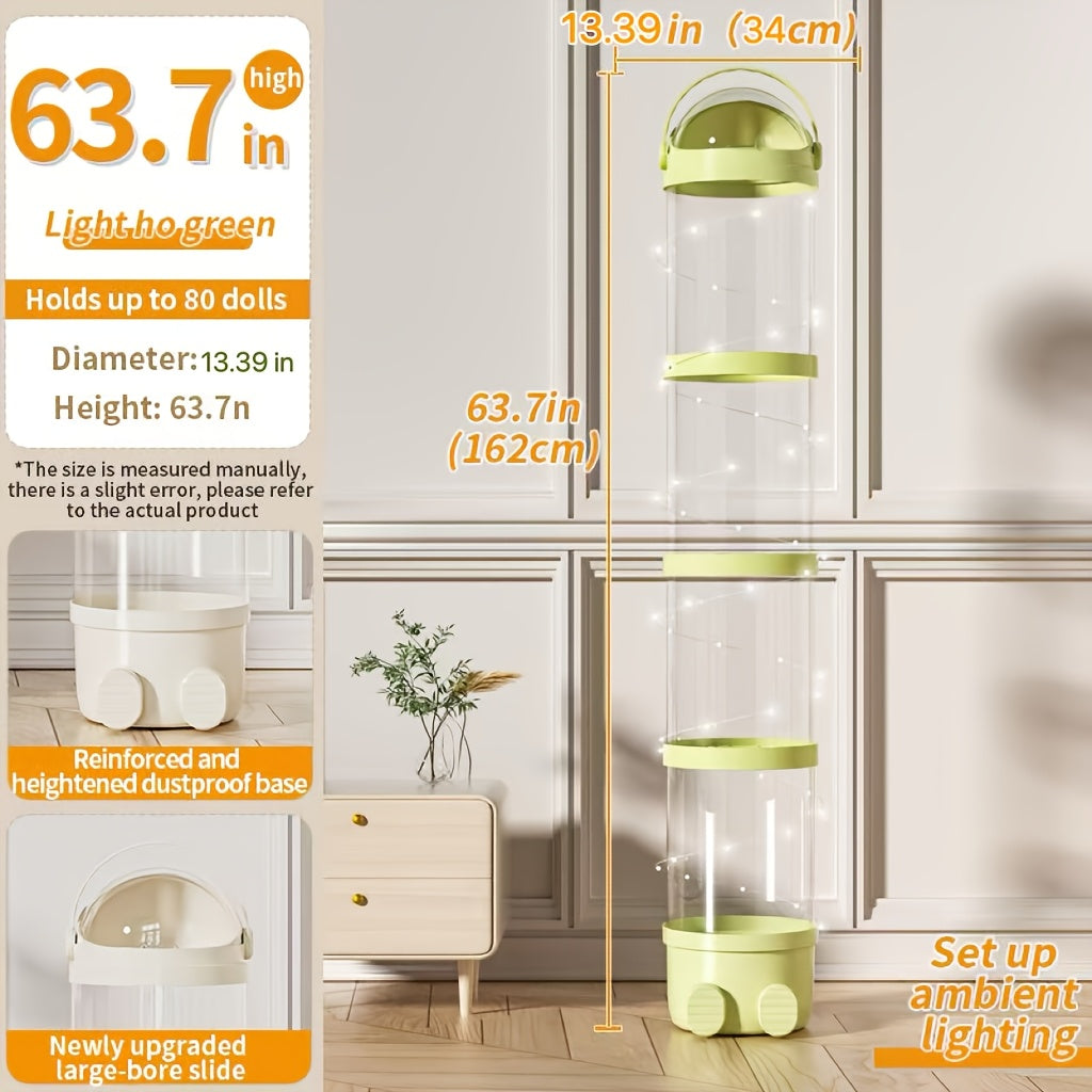 Plush Toy Storage Bucket 4-Layer Transparent Plastic with Waterproof Lid Stuffed Animal Doll Organizer Kids Room Living Room Decor Green Cream