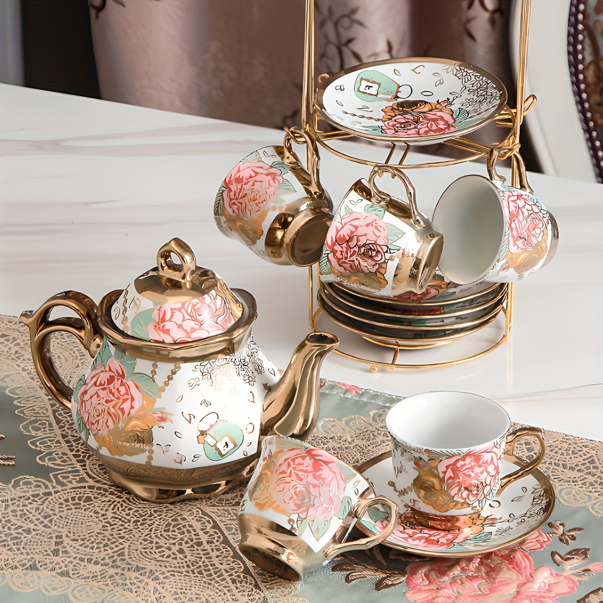 20-Piece Floral Porcelain Tea Set with Metal Holder & Teapot - European Ceramic Espresso Cup and Saucer Set, 3.3oz Cups 15oz Teapot, Afternoon Tea Gift for Golden Pink Purple Flower