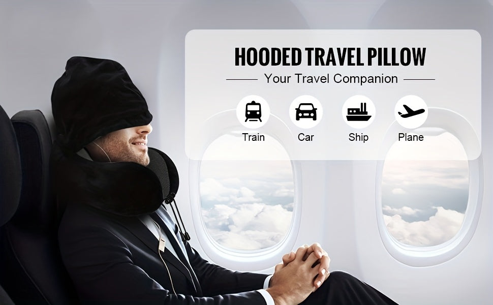 Hooded U-Shaped Travel Neck Pillow with Hood & Light-Blocking Cover – Airplane Nap Pillow for Adults, Home Office Sleep Support, U-Shape Neck Rest