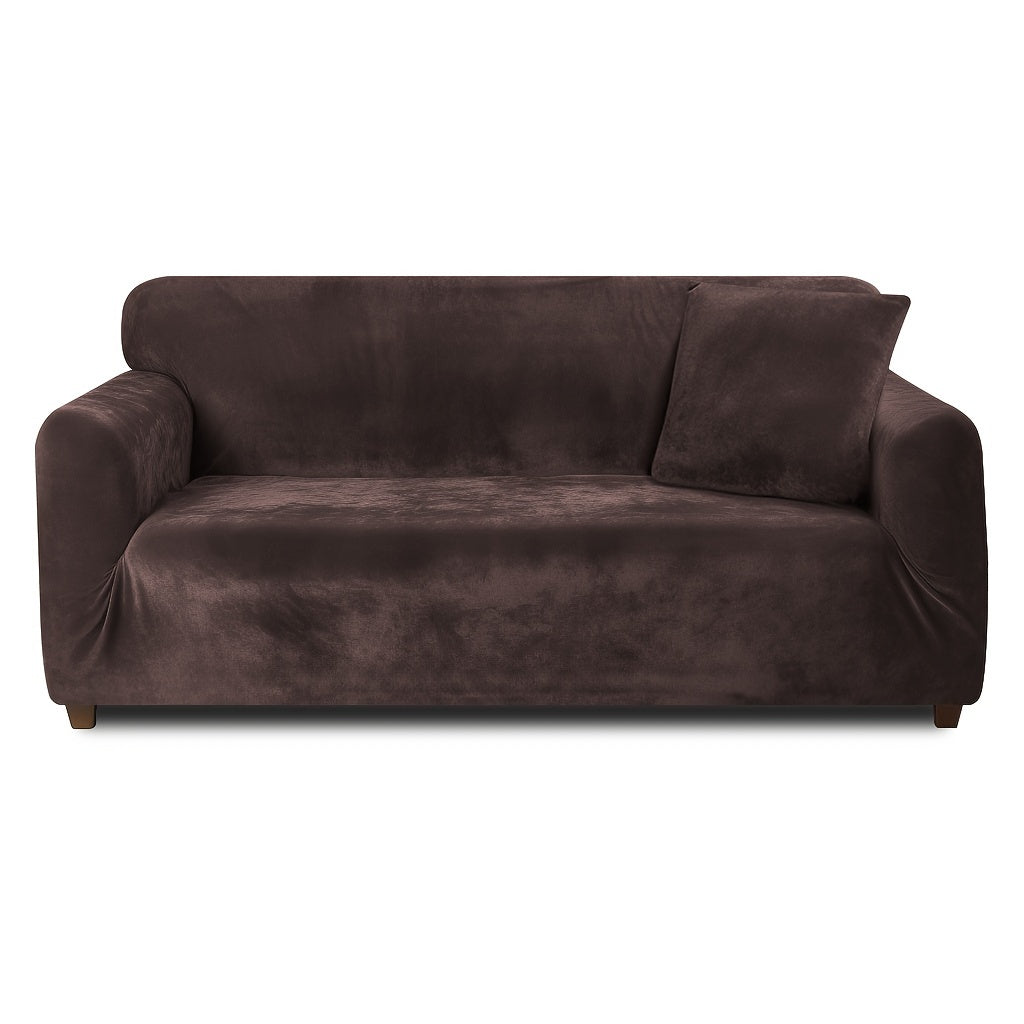 Velvet Stretch Sofa Cover Slipcover – Thick High-Elasticity Plush Couch Cover for L-Shape 1 2 3 4 Seater, Polyester Spandex Furniture Protector with Pillowcase for Living Room