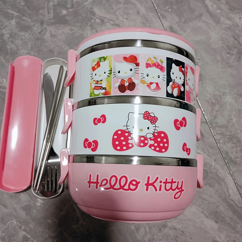 Hello Kitty Stainless Steel Lunch Box Bento Box for Girls - Officially Licensed Sanrio Cute Pink 2-Tier & 3-Layer Portable Lunch Container for School Picnic Kids Women, Food-Safe 304 Steel