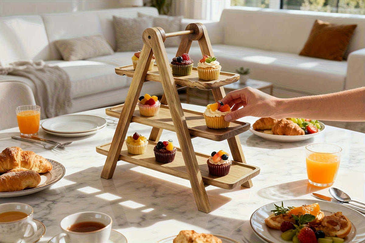 3 Tier Wood Dessert Stand Foldable Natural A-Frame Tray for Wedding Party Home Hotel Restaurant Event Cupcake Cake Display Sturdy Serving Stand