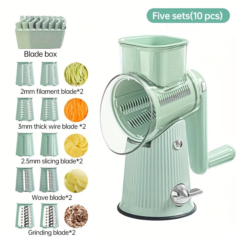 5-in-1 Rotary Cheese Grater with Interchangeable Blades, Suction Cup Base & Handle – Manual Vegetable Slicer Shredder for Cheese, Fruits, Nuts & Vegetables – Easy Clean Kitchen Tool Set