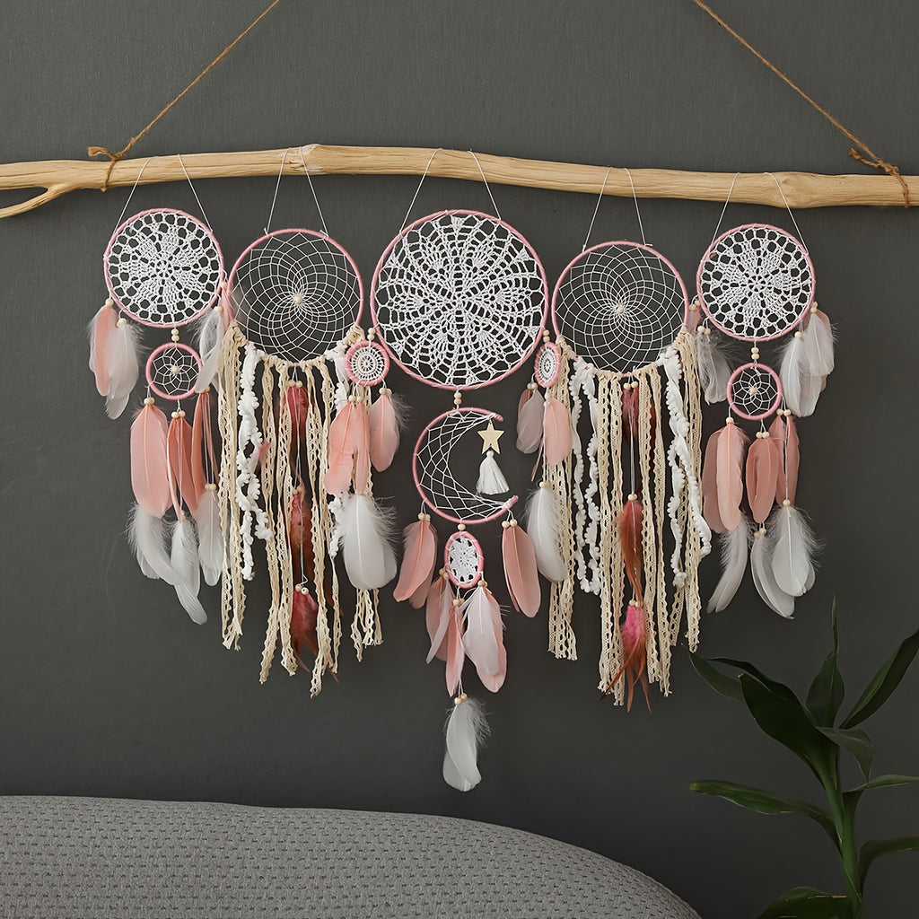 Boho Metal Dreamcatcher Set of 5 with Feathers – Large Multi-Size Wall Hanging Decor for Bedroom in 5 Colors, Spiritual Catcher Gift for Christmas & Graduation