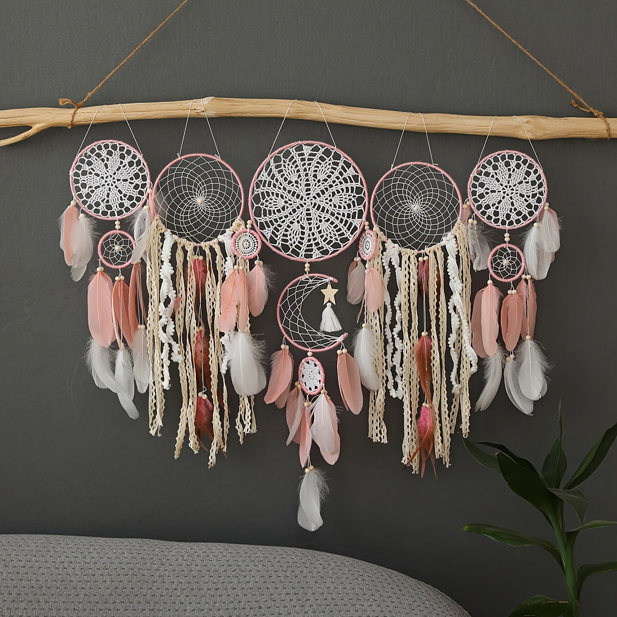 Boho Metal Dreamcatcher Set of 5 with Feathers – Large Multi-Size Wall Hanging Decor for Bedroom in 5 Colors, Spiritual Catcher Gift for Christmas & Graduation