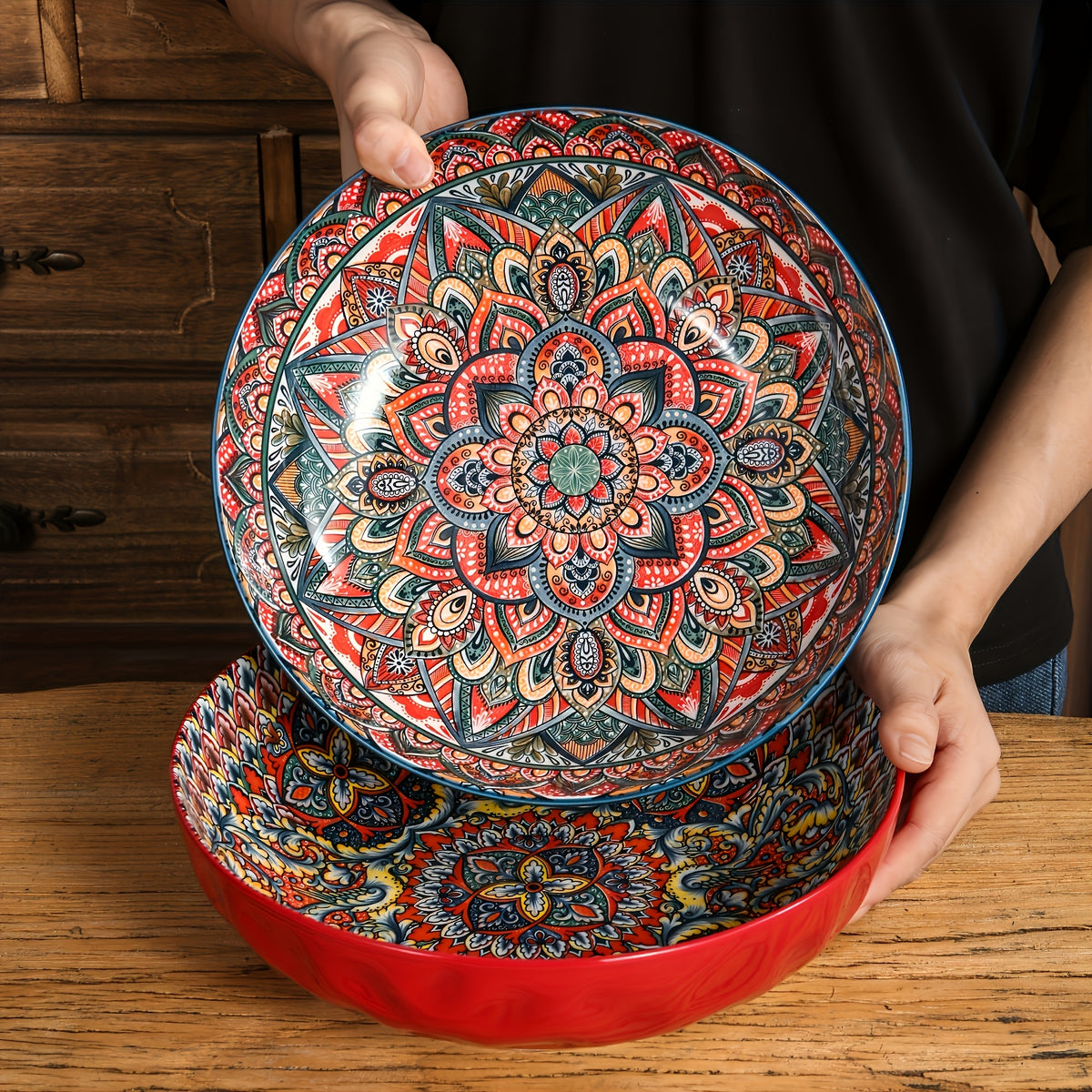 Bohemian Floral Ceramic Soup Bowl Set of 2 – Hand-Painted Vintage Tableware, Microwave Safe, 10.15in | Festive Gift