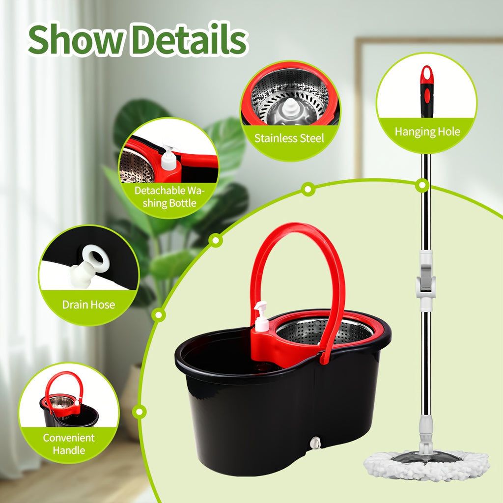 Spin Mop and Bucket Set with Wringer, 360° Dual-Drive Wringing System, 3 Microfiber Mop Heads for Hardwood Tile Marble Laminate Floor Cleaning