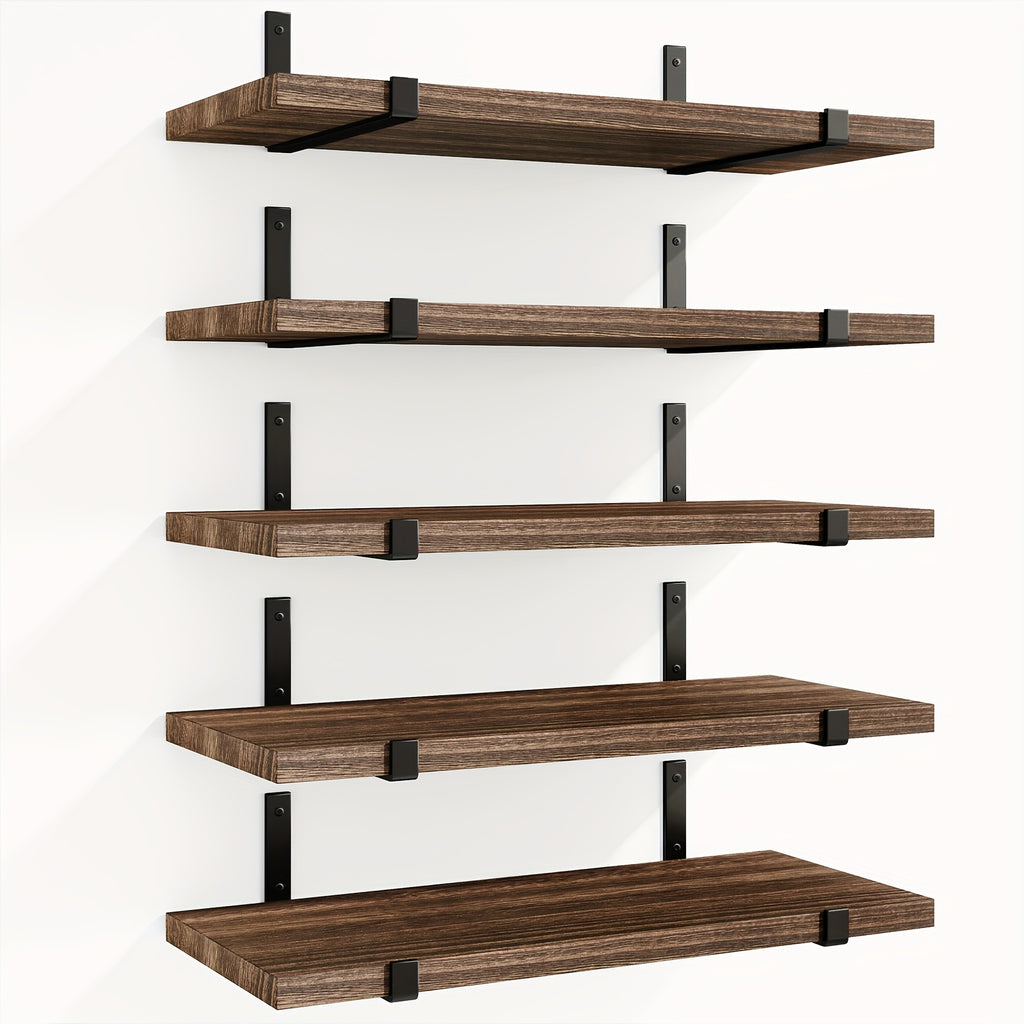 Rustic Floating Shelves Set of 5 Wood Wall Shelves 15.8x4.7 Inch for Bedroom Living Room Kitchen Bathroom Office Plant Display Home Decor Dark Brown Light Brown Black Gold
