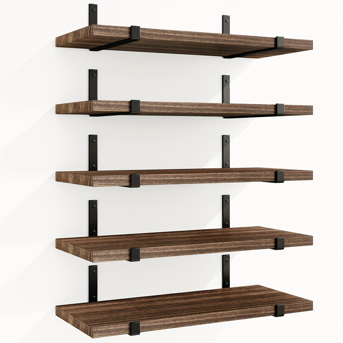 Rustic Floating Shelves Set of 5 Wood Wall Shelves 15.8x4.7 Inch for Bedroom Living Room Kitchen Bathroom Office Plant Display Home Decor Dark Brown Light Brown Black Gold