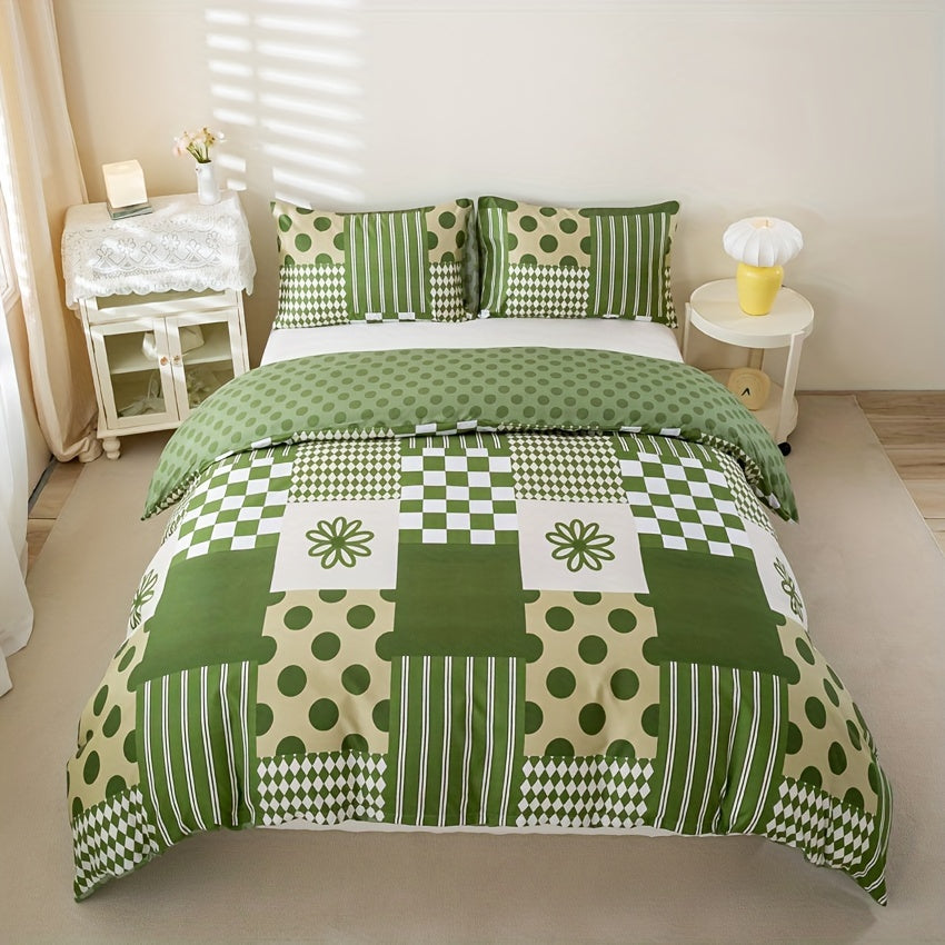 Green Geometric Duvet Cover Set 3 Piece Soft Microfiber with 2 Pillowcases Multiple Sizes Bedroom Decor Comforter Not Included