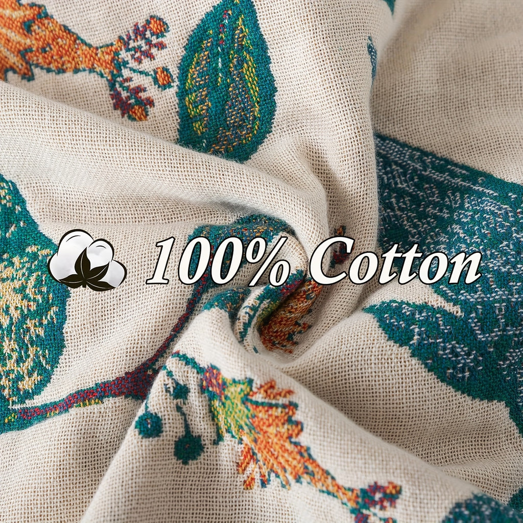 Boho Cotton Throw Blanket Twin Queen King – 100% Cotton Soft Luxury Reversible Quilt, Floral Lemon Print Farmhouse Bohemian Bed Blanket for All Seasons