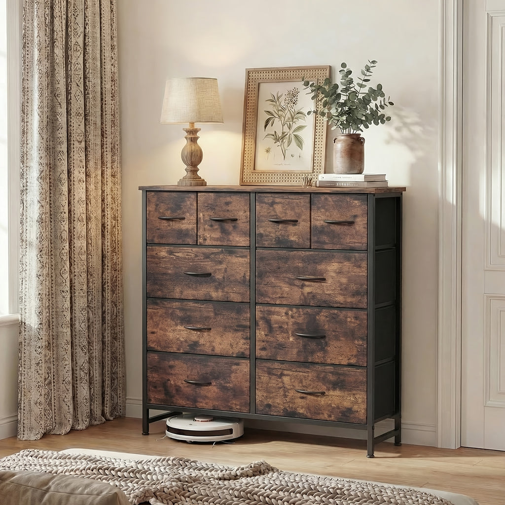 9 Drawer Fabric Dresser with Bins – Tall Chest of Drawers Organizer for Bedroom Closet Hallway Nursery, Steel Frame Wood Top Easy Pull Handles