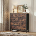 9 Drawer Fabric Dresser with Bins – Tall Chest of Drawers Organizer for Bedroom Closet Hallway Nursery, Steel Frame Wood Top Easy Pull Handles