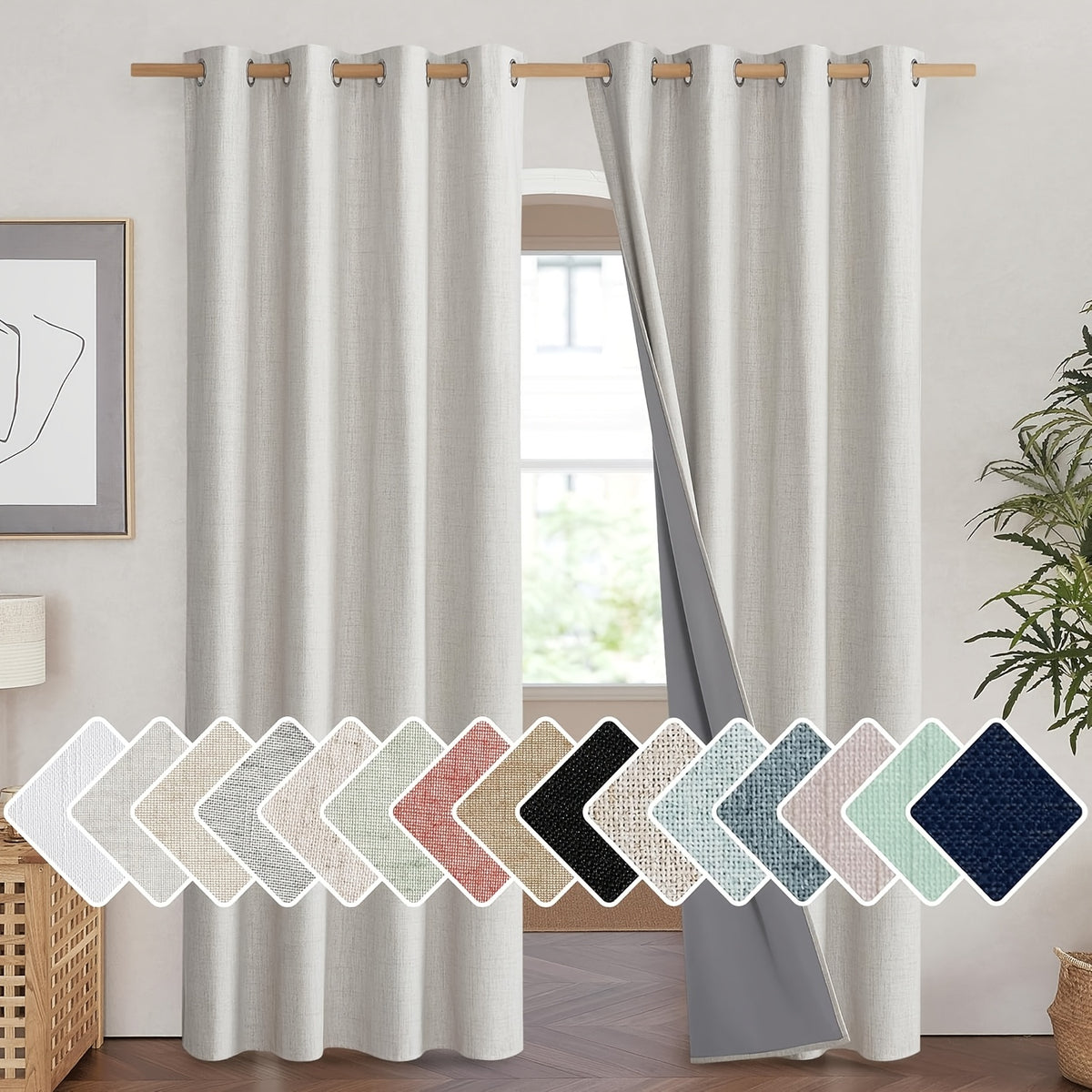 Linen Blackout Curtains 2 Panels 100% Farmhouse Grommet Top – Thermal Insulated Thick Window Drapes for Living Room Bedroom, 11 Colors 6 Sizes