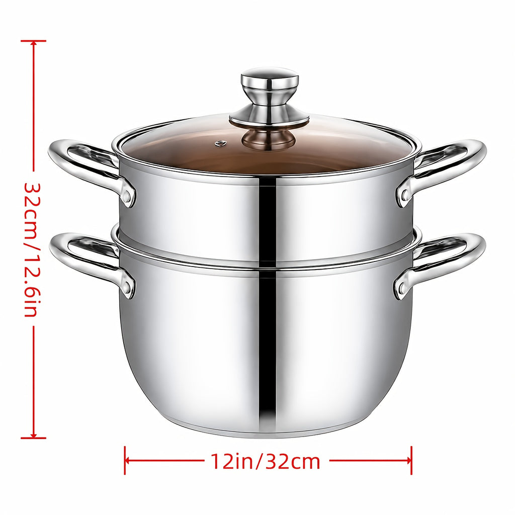 304 Stainless Steel Stackable Steamer Pot with Tempered Glass Lid – 2-Tier or 5-Tier Heavy-Duty Steam Cooker for Dumplings Vegetables Pasta Meat, Home & Commercial