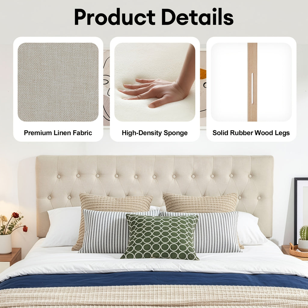 Tufted Upholstered Headboard – Premium Linen Fabric, Adjustable Height 37–51”, Solid Wood Frame | Twin & Queen | Gray & Beige