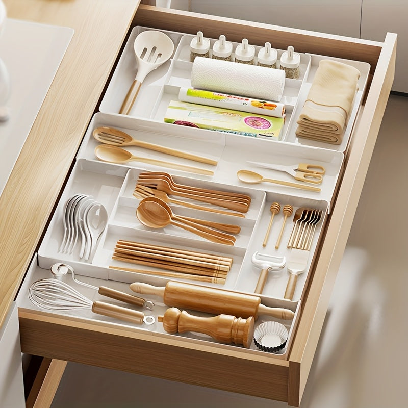 Expandable Kitchen Utensil Drawer Organizer Tray with Adjustable Dividers – Multiple Compartments for Forks, Spoons, Knives & Chopsticks, Durable Plastic, Extra Large 4-Direction Extension for Home Kitchen