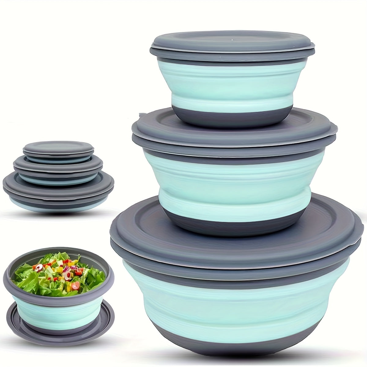 3-Pack Foldable Silicone Camping Bowls with Lids - Collapsible Stackable Food Containers with Storage Bag for Camping Hiking Salads Lunches, Rust-Proof PP, Pink Blue