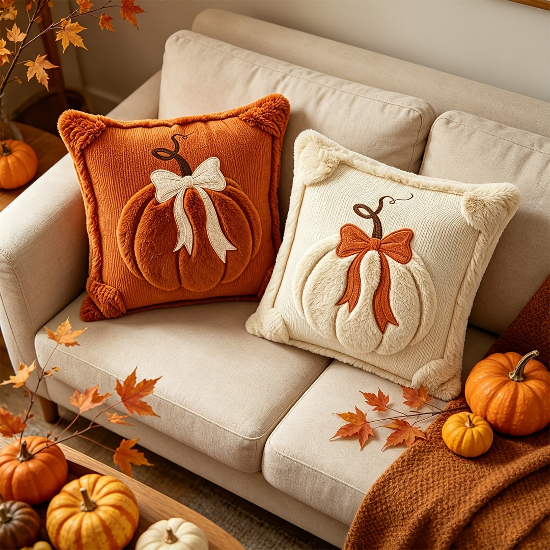 Plush Pumpkin Bow Pillow Covers Set of 2, 18x18 Inch Soft Seasonal Pillowcases for Thanksgiving, Halloween & Christmas – Decorative Throw Pillow Covers for Sofa Bed Home Decor, Beige & Caramel
