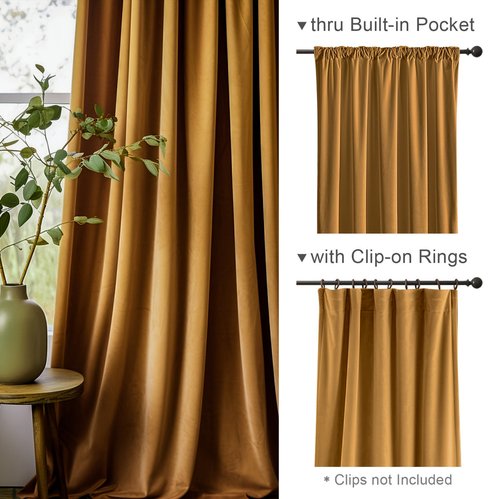 Luxury Velvet Curtains 2 Panels Thermal Insulated Room Darkening Light Filtering, Soft Textured Drapes with Clip Rings Rod Pocket Machine Washable for Living Room Bedroom