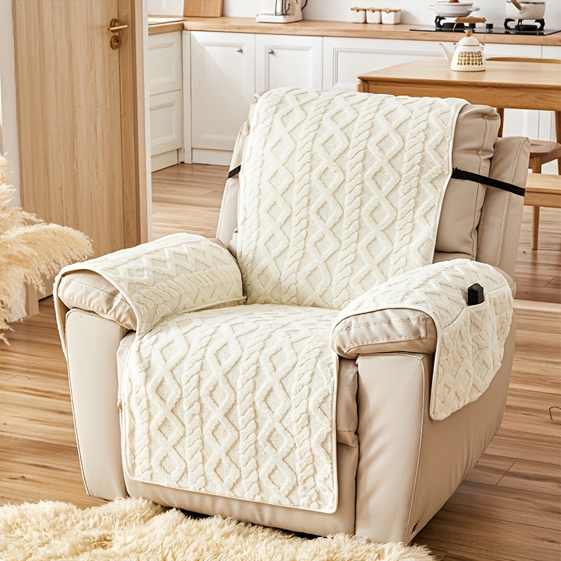 Thickened Shu Velvet Fleece Non-Slip Recliner Cover Plush Sofa Chair Cover – Warm Cozy Furniture Protector for Living Room Office Home, All-Season Recliner Slipcover