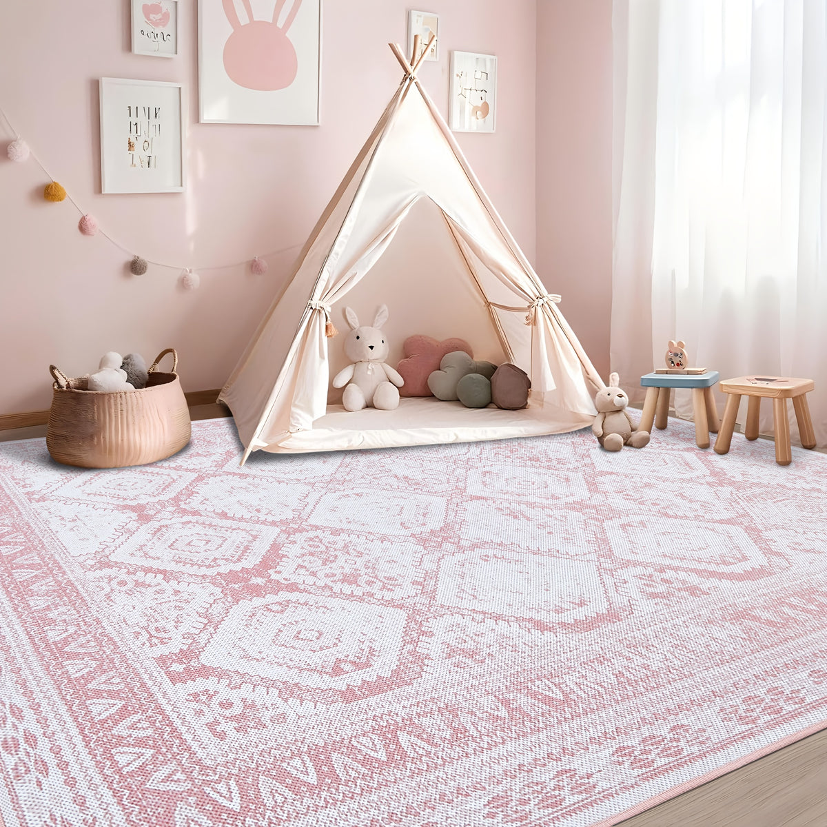 Vintage Retro Area Rug Pink Machine Washable Non-Slip Low Pile for Living Room, Bedroom & Dining – Lightweight Indoor Carpet, 4 Sizes