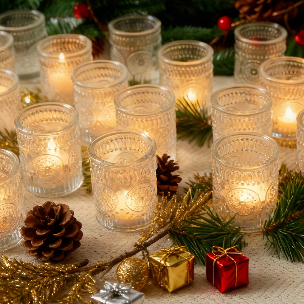 Glass Votive Candle Holders Bulk Set 6/12/24pcs – Shimmering Multi-Hued Hurricane Glass for Wedding, Christmas, Thanksgiving, Valentine’s Day & Holiday Party Tabletop Decor