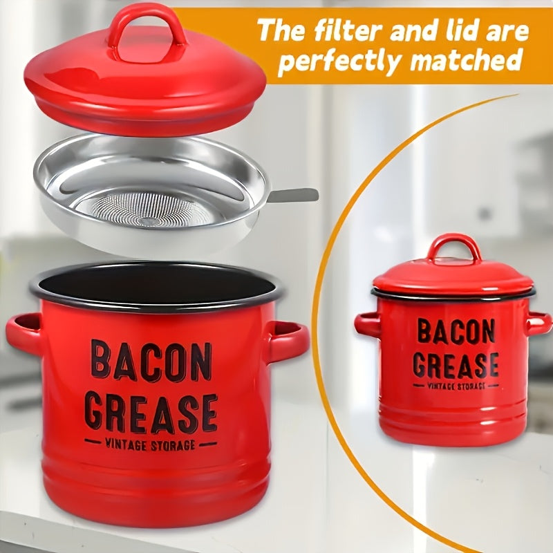 Enamel Bacon Grease Container with Stainless Steel Filter & Spoon - Rustic Kitchen Fat Storage Jar, Dishwasher Safe, Ideal for Halloween Thanksgiving Christmas, Red Blue White