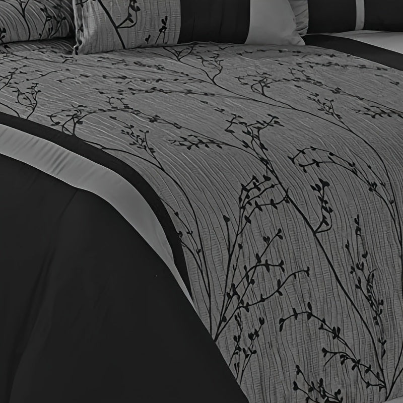 Jacquard Comforter Set 7 Piece Queen King - Luxury Patchwork Branch Microfiber Bedding, All-Season Soft Warm Bed Set, Hypoallergenic, No Fade