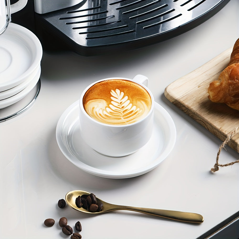 Porcelain Espresso Cups with Saucers 4oz – Set of 4 Stackable Cappuccino Cups with Metal Display Stand for Coffee, Latte & Tea