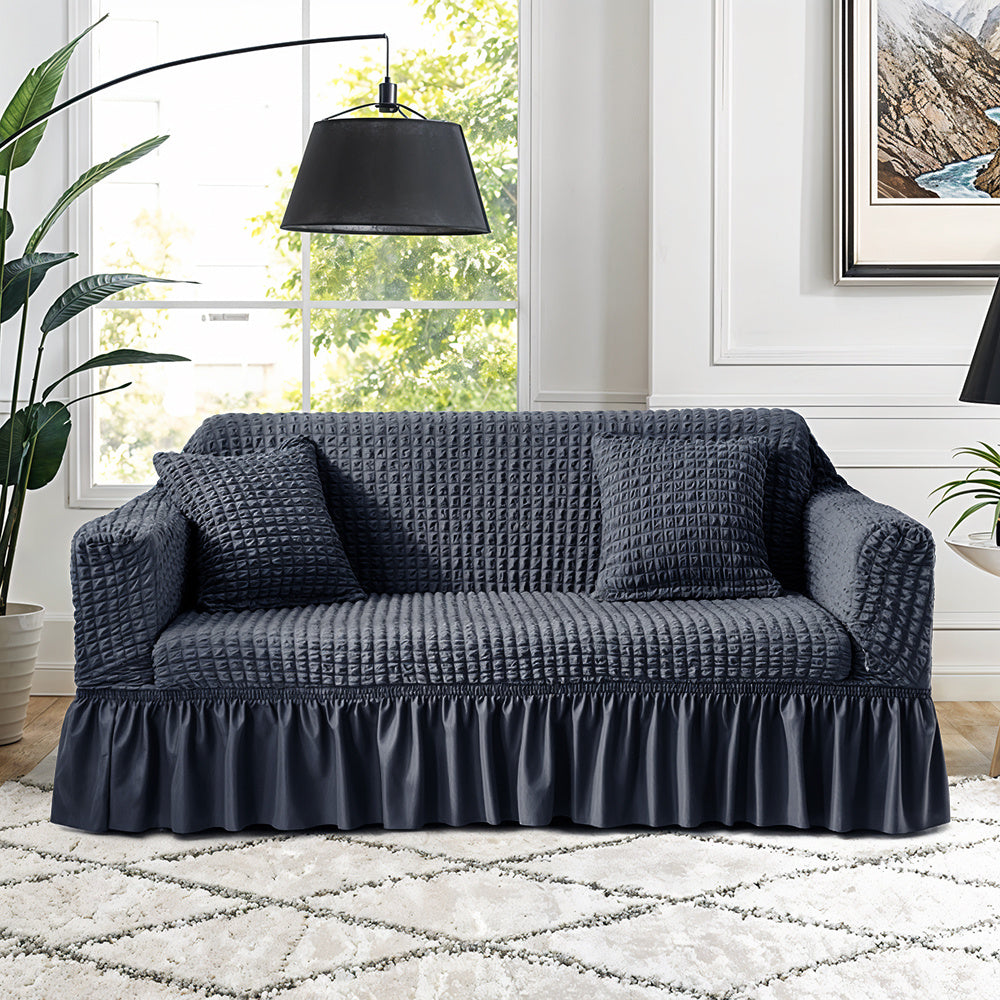Velvet Jacquard Sofa Cover Ruffle Detail – Non-Slip Dustproof Soft Breathable Slipcover, Machine Washable All-Season, Polyester Spandex, 1/2/3/4 Seater, Grey
