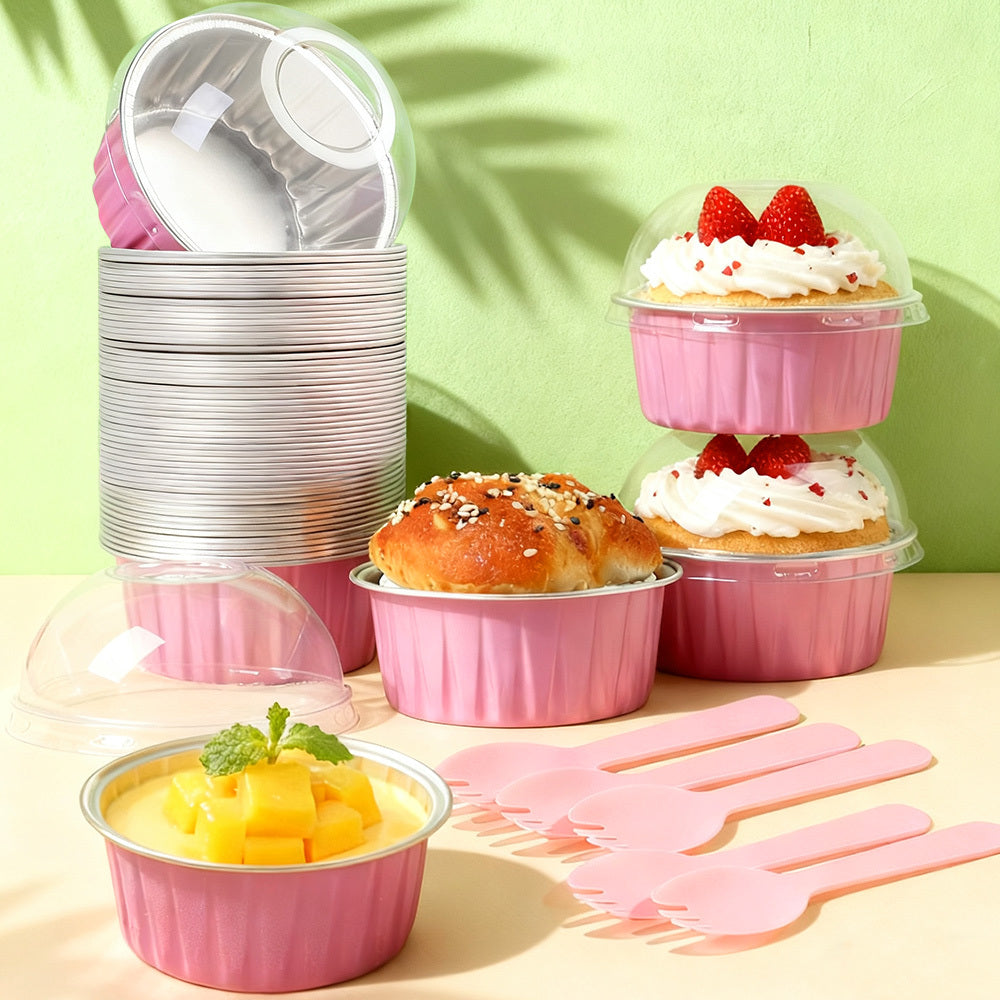 Aluminum Foil Cupcake Liners with Lids & Spoons - 50 Pack, 5oz Disposable Muffin Cups for Oven, Microwave & Air Fryer, Party Baking Cups for Christmas, Weddings & Birthdays, Pink & Grey