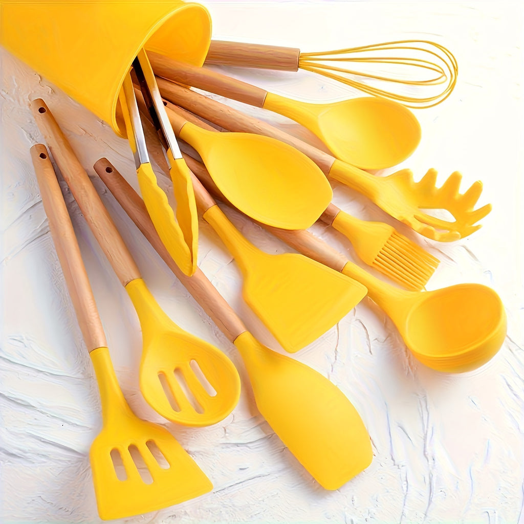 Silicone Kitchen Utensil Set 12 Piece with Wooden Handles - Non-Stick Heat Resistant Cooking Tools for Home, Dorm & Baking, Colorful Kitchen Gadgets Gift Set