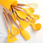 Silicone Kitchen Utensil Set 12 Piece with Wooden Handles - Non-Stick Heat Resistant Cooking Tools for Home, Dorm & Baking, Colorful Kitchen Gadgets Gift Set