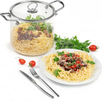Stainless Steel Handle Glass Pot with Lid – Non-Stick Heat-Resistant Soup Stew Pot, Induction & Electric Ceramic Stove Compatible, 3.5L or 5.5L, Includes Insulation Pad & Scouring Pad