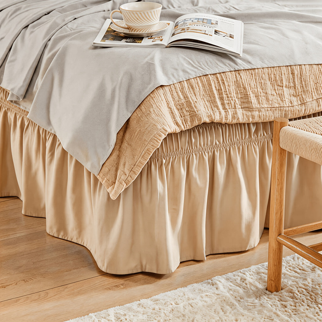 Elastic Wrap Around Bed Skirt No-Lift, 15 Inch Drop Microfiber Dust Ruffle, 30 Fade-Resistant Colors, Machine Washable, Twin Full Queen King Size