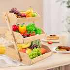 Bamboo Fruit Basket Stand 2 3 Tier Kitchen Countertop Organizer Produce Vegetable Bread Storage with Banana Hook Non-Slip Pads Easy Assembly