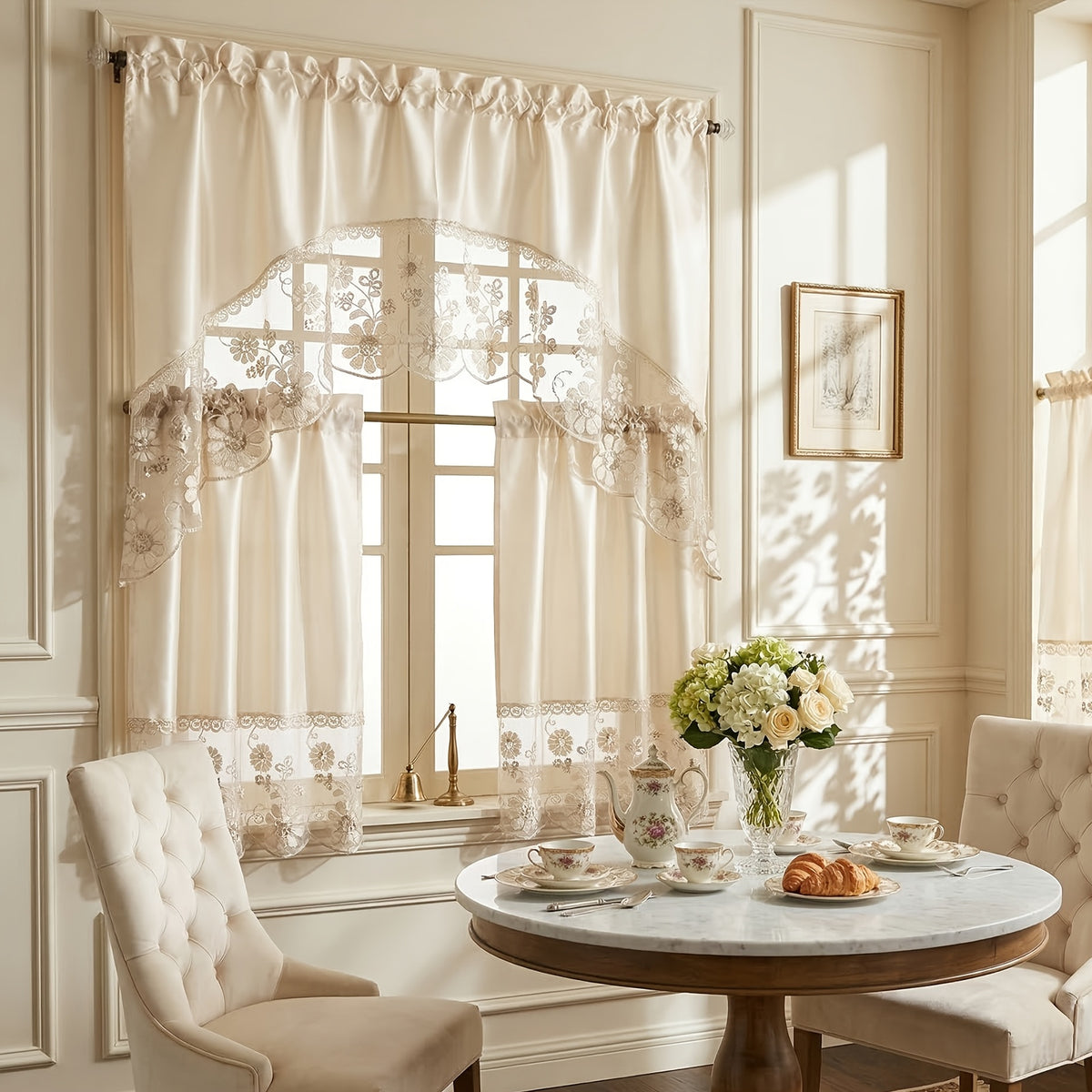 Kitchen Curtains 3 Piece Set with Valance and 2 Tiers – Faux Embroidery Semi-Sheer Rod Pocket Cafe Curtains for Kitchen Window, Dining Room, Bathroom, Lightweight Machine Washable