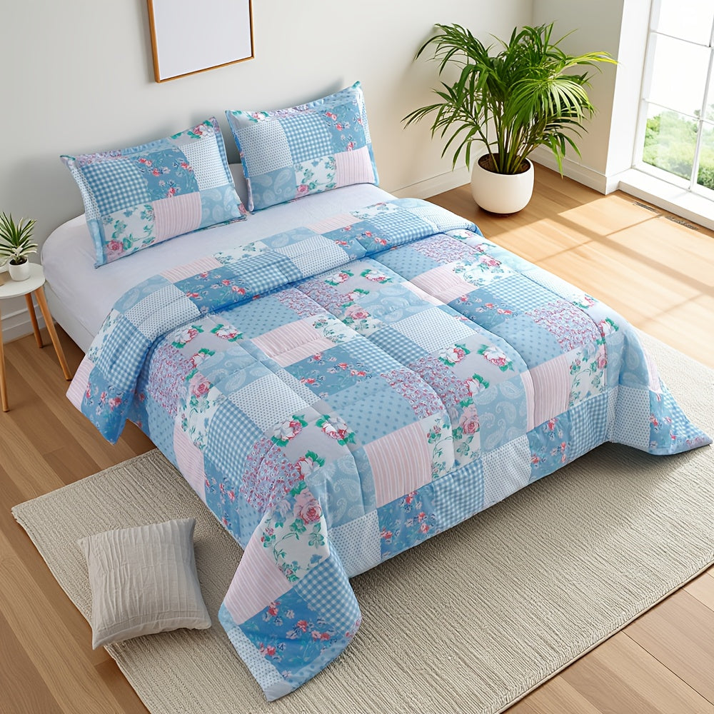 Blue Checkered Floral Comforter Set 2/3 Piece – Lightweight All-Season Quilt with Pillowcases, Soft Bedding Set Twin Queen King, Machine Washable